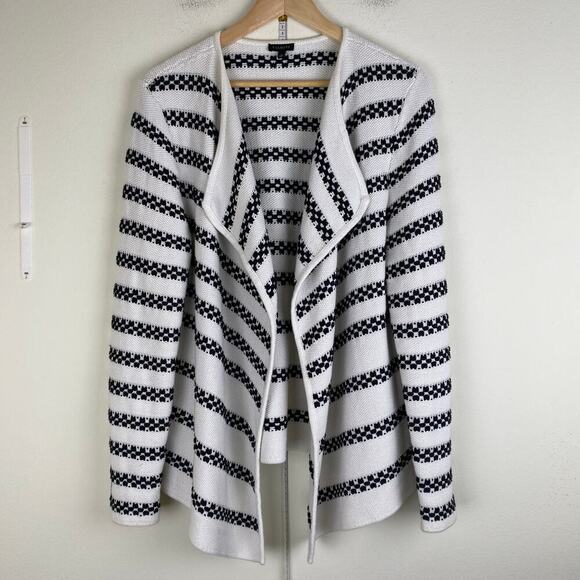 Talbots Stripe Open Cardigan Size Large Cream Black Cotton Sweater Jacket - Picture 7 of 13